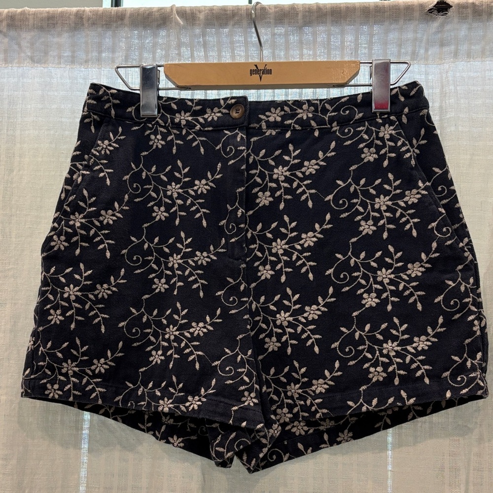 Miami Navy Blue High Waist white embroidered Leaf Pattern Shorts